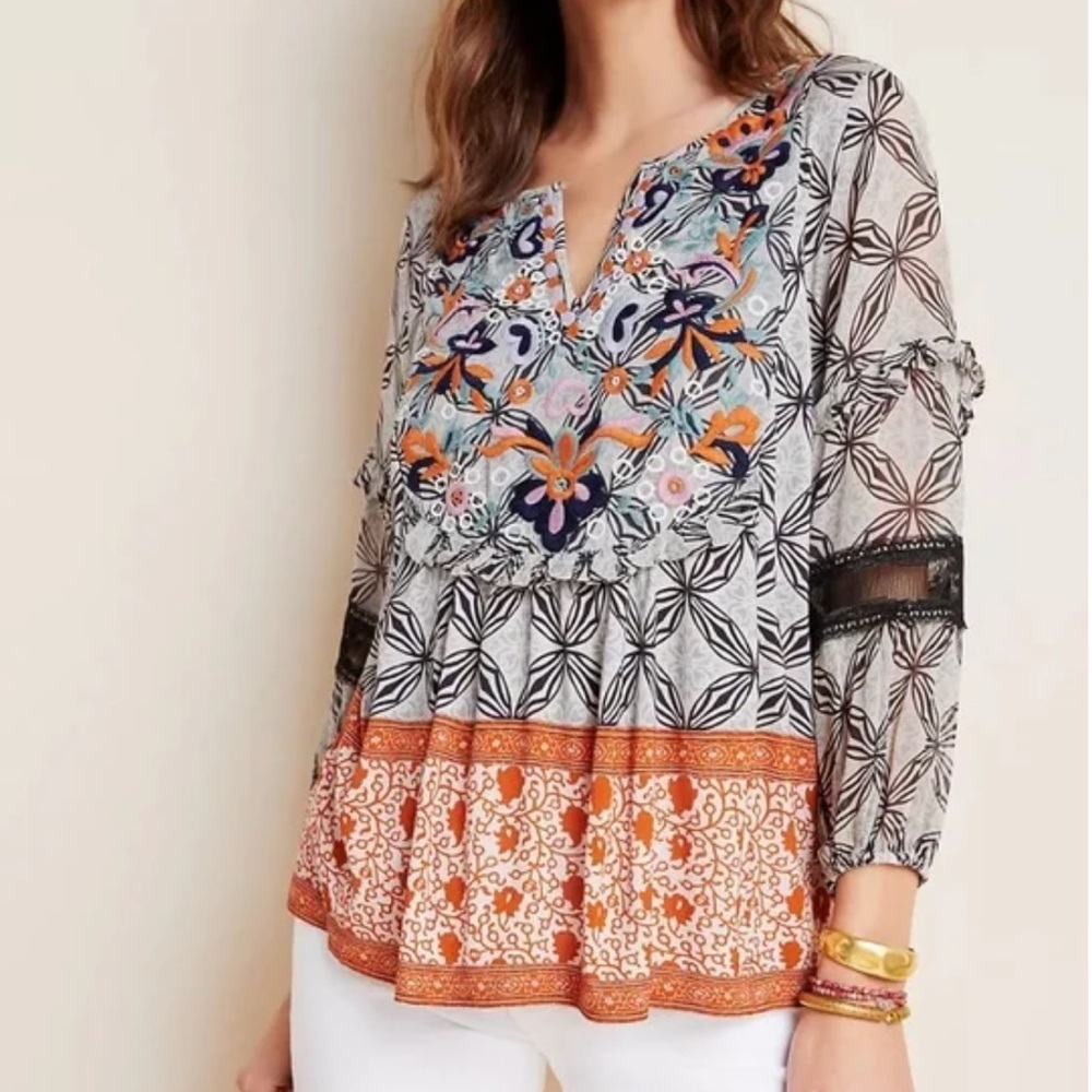 Anthropologie | Terri Embroidered Top Ruffles Lace Blouse Medium